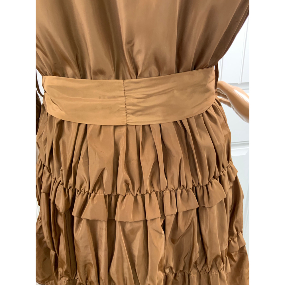 Ryu Women's Ruffled Mini Tiered Dress Size Small Brown 3/4 Sleeves Belted V-Neck - Picture 12 of 15